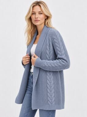 Haven Well Within Blue Cable Knit Cardigan Shawl Collar Cozy Relaxed Size Medium